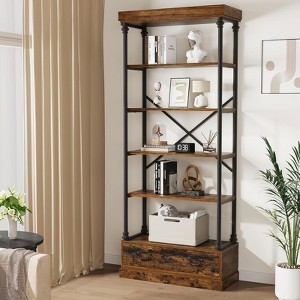 81" Rustic 5-Tier Bookshelf - Metal Frame w/ Storage Drawer, Open Shelf Bookcase for Living Room, Office, Bedroom - 1 of 4