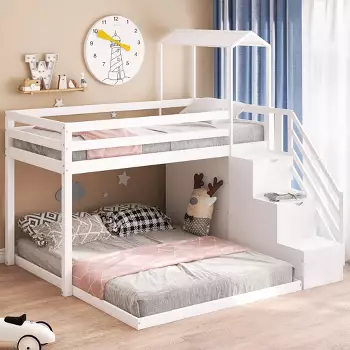 Twin Over Full Bunk Bed With Trundle Bed And Staircase, Gray-modernluxe ...