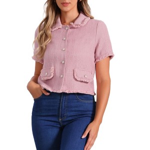 INSPIRE CHIC Women's Tweed Cropped Length Summer Short Sleeve Shirt with Tassel - 1 of 4
