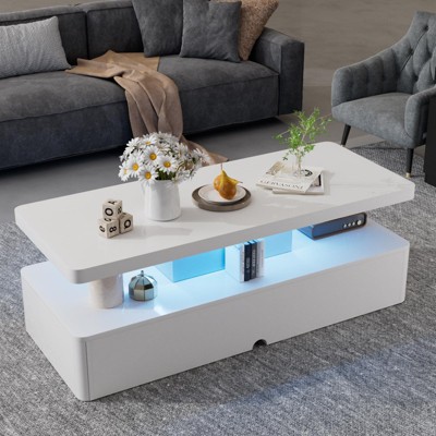 Aoxun Modern Stylish Coffee Table with 16 Colors LED Lights, Double-Layer Design for Living Room, White
