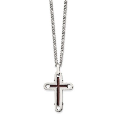 Black Bow Jewelry Stainless Steel & Wood with Enamel Overlay Cross Necklace, 24 Inch