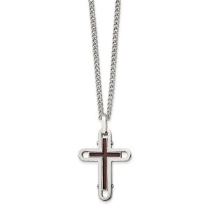Black Bow Jewelry Stainless Steel & Wood with Enamel Overlay Cross Necklace, 24 Inch - 1 of 4