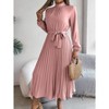 Women Pleated Dress Long Sleeve Stand Up Collar A-Line Flowing Dress With Belt - 2 of 4