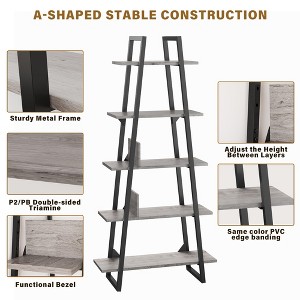 Tall Narrow 5-Tier Industrial Ladder Shelf Bookcase Wood and Metal Bookshelf Storage Organizer for Bedroom Living Room, Grey - 1 of 4