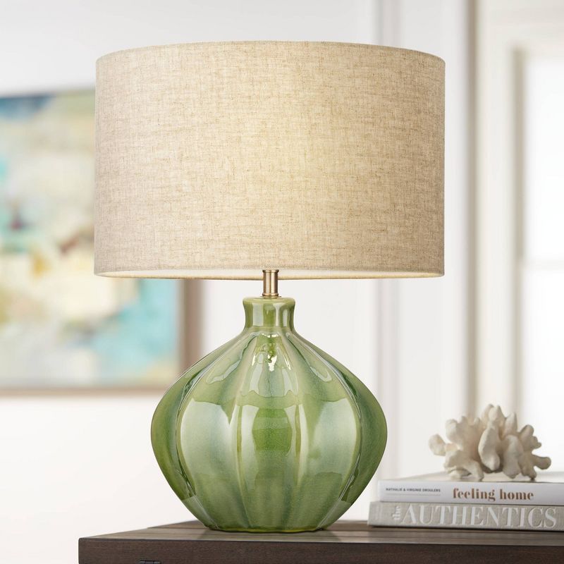 360 Lighting Gordy Modern Accent Table Lamp Handcrafted 20 1/2" High Ribbed Green Ceramic Oatmeal Fabric Drum Shade for Bedroom Living Room Bedside, 2 of 10