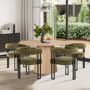 7-Piece Round Dining Table Set with 6 Upholstered Chenille Chairs, 52” Modern Pedestal Table with Metal Leg Dining Chairs for Kitchen-Maison Boucle - 1 of 4