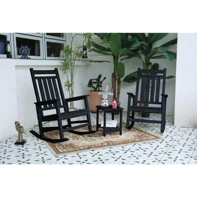 VisioGear 3 Pieces Rocking Chair Set, Outdoor Rocking Chair Set with Side Table for Backyard, Black, 35.15"*22.71"*41.25"