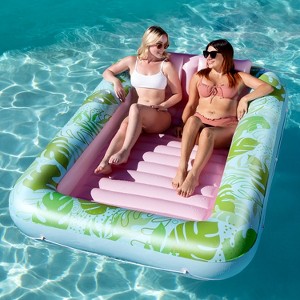 Joyfy 4 in 1 Inflatable Sunbathing Pool Floatie Bed with Pillow, 85" x 57" Pool Floats Lounger Adult, Tropical Leaves Float Pool, Cyan Pink - 1 of 4