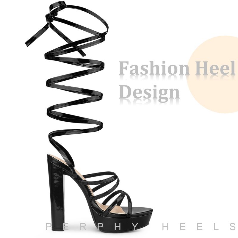 Perphy Women Platform Long Lace Up Faux Patent Block Heels Sandals, 4 of 5