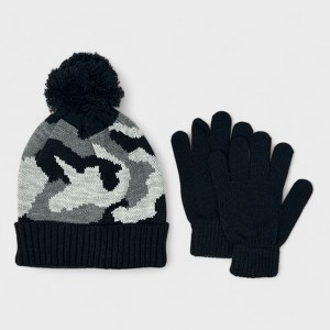 Charles Albert Boy’s Winter Hat & Glove Set - Camouflage Knit Beanie with Pom Pom and Matching Warm Gloves - Black & Gray - 1 of 4