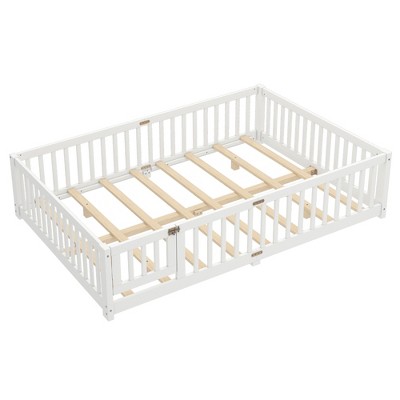 Bellemave Queen Size Bed Floor Bed with Safety Guardrails and Door for Kids, White