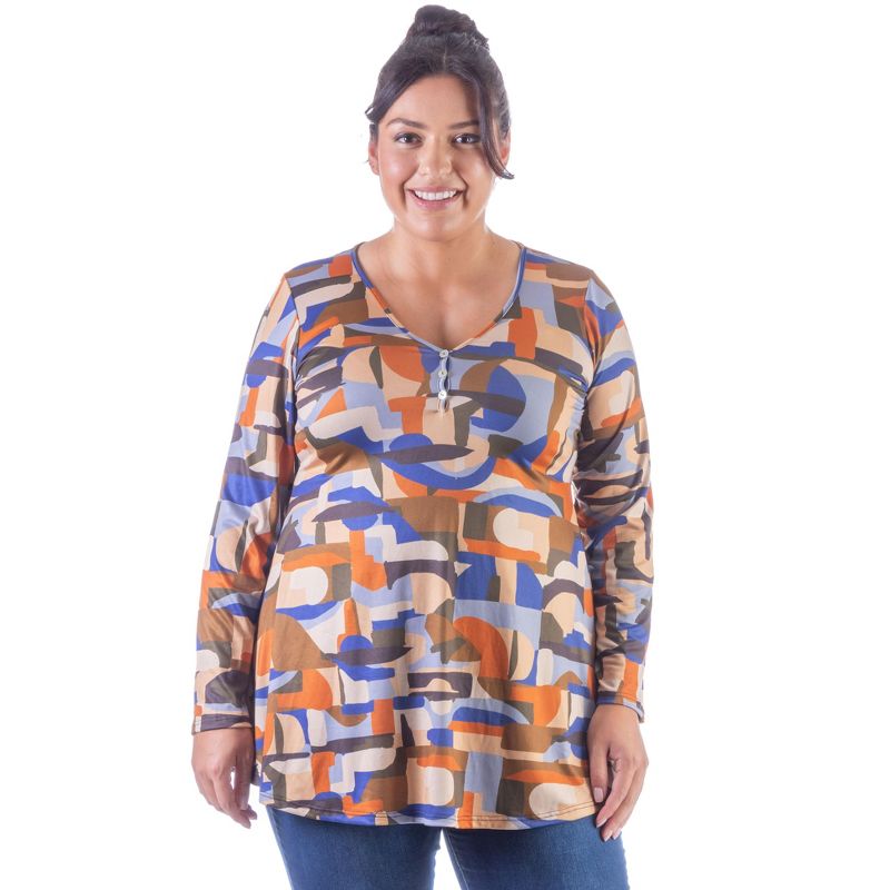 24seven Comfort Apparel Womens Orange Print Long Sleeve V Neck Plus Size Tunic Top, 1 of 5