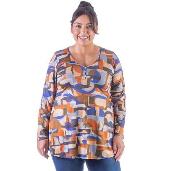 24seven Comfort Apparel Womens Orange Print Long Sleeve V Neck Plus Size Tunic Top