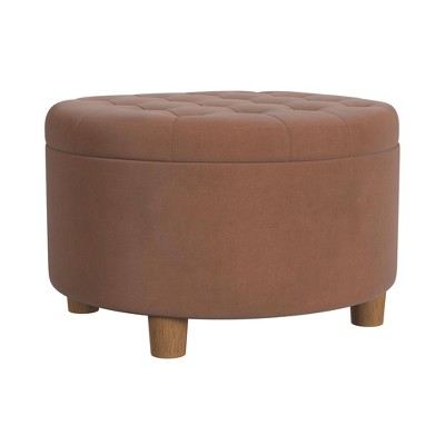 Spice Velvet Round Tufted Storage Ottoman with Oak Legs