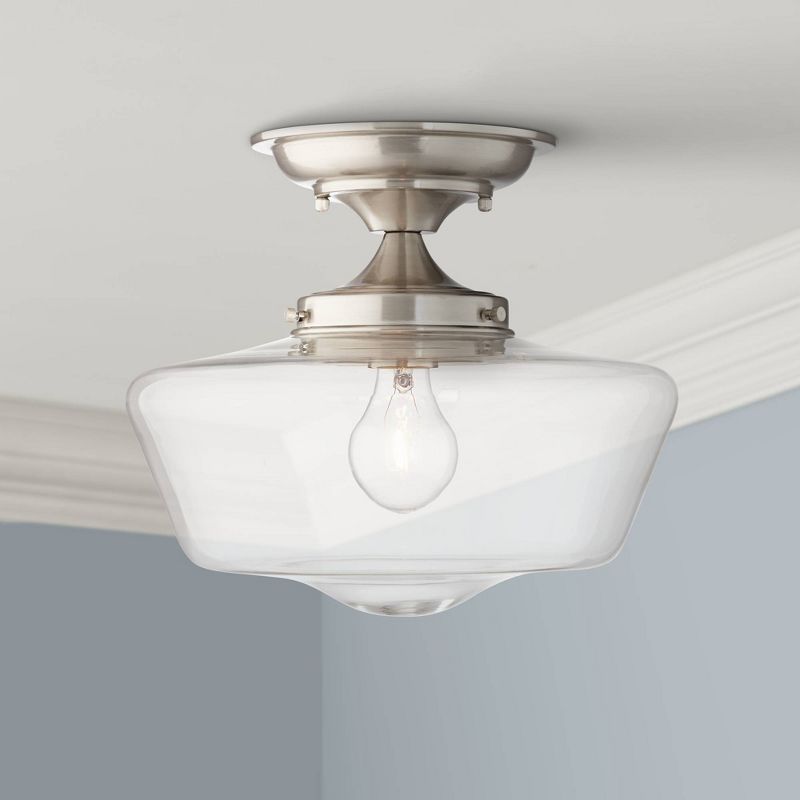 Regency Hill Modern Schoolhouse Ceiling Light Semi Flush Mount Fixture Brushed Nickel 12" Wide Clear Glass for Bedroom Kitchen, 2 of 9