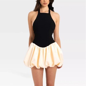 Garvee Womens Halter Neck Backless Mini Bubbble Dress Big Bow Tie Back  Contrast Color Bubble Hem Puff Skirt Sleeveless Dresses,Black - Large :  Target