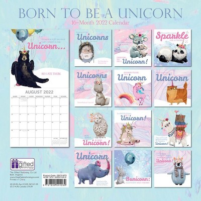The Gifted Stationery 2021 - 2022 Funny Monthly Wall Calendar, 16 Month, Born to be a Unicorn Theme with Reminder Stickers, 12 x 12 in