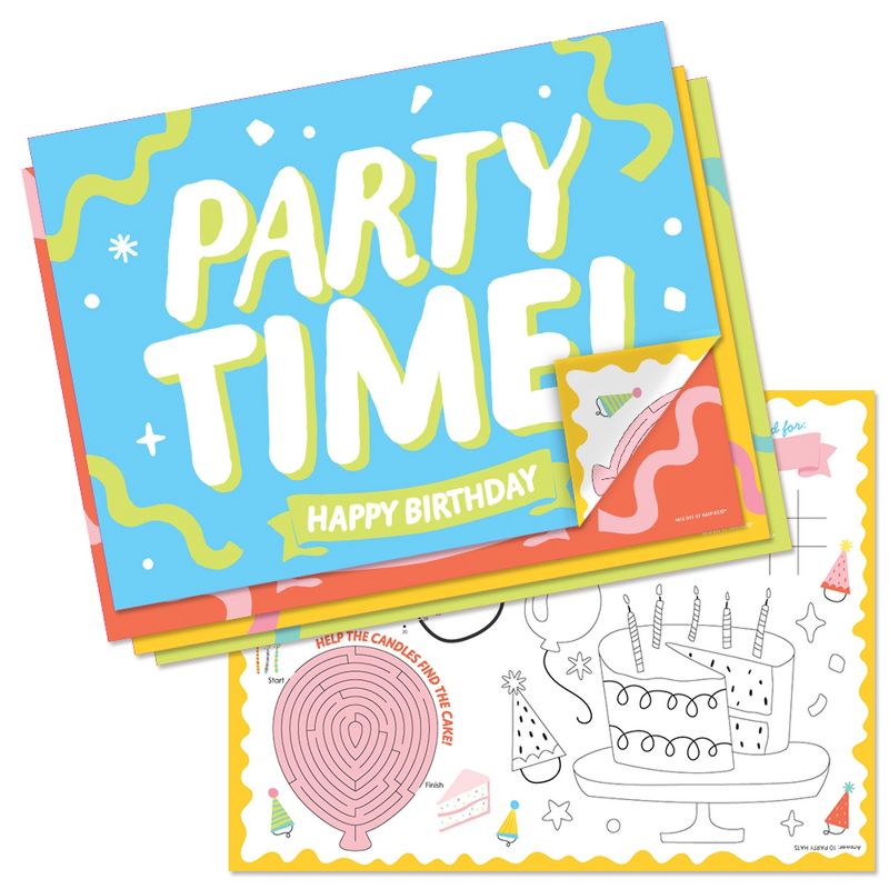 Big Dot of Happiness Party Time - Paper Happy Birthday Party Coloring Sheets - Activity Placemats - Set of 16, 1 of 9