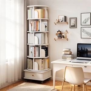 Yukimo 68"H Rotating Bookshelf - White Color MDF Round Spinning Book Tower with Universal Wheels & Drawer, Space-Saving for Bedroom/Living Room/Office - 1 of 4