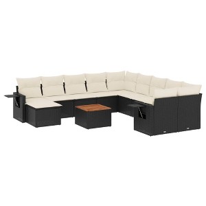 vidaXL 12 Piece Patio Sofa Set with Cushions Black Poly Rattan - Black and Cream - 1 of 4