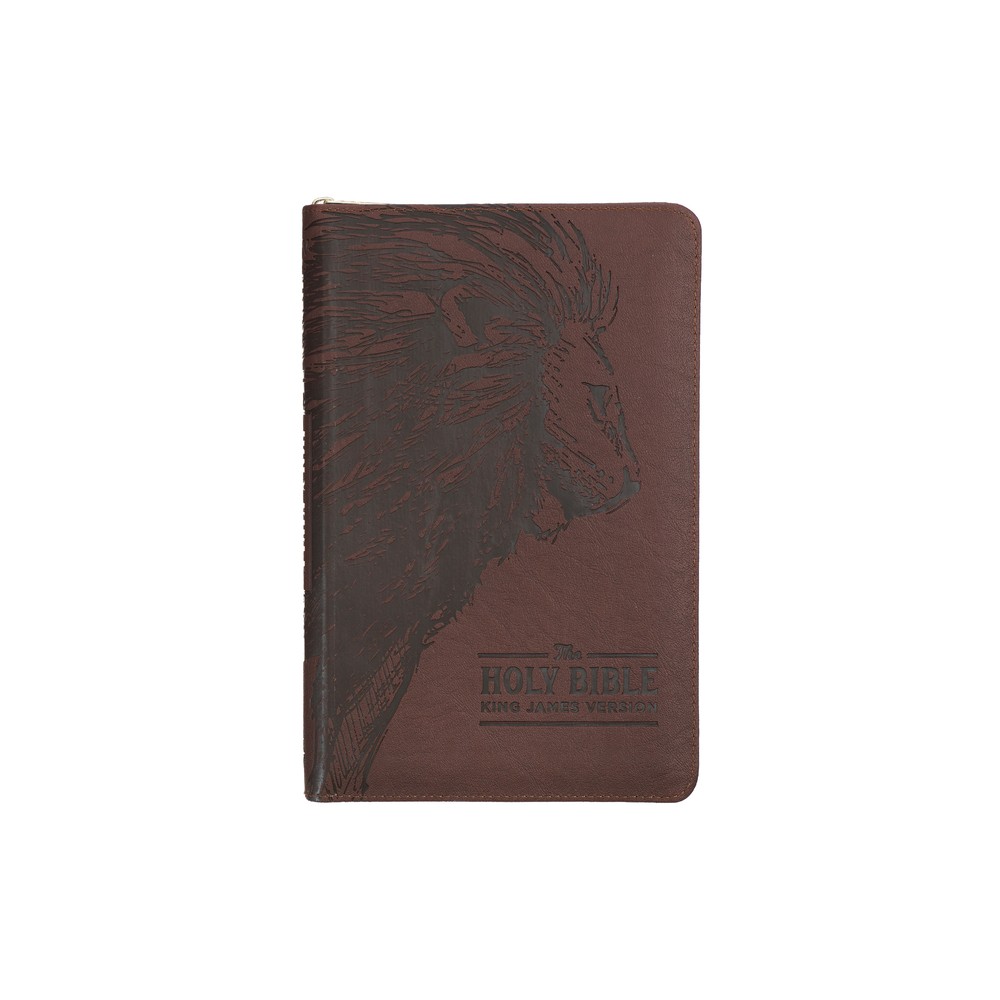 KJV Holy Bible, Standard Size Faux Leather Red Letter Edition - Thumb Index & Ribbon Marker, King James Version, Brown Lion Zipper Closure