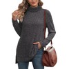 Women's Fall Winter High Neck Ribbed Knit Top - Loose Fit T-Shirt with Side Slits - 2 of 4