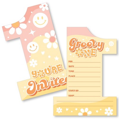 Big Dot of Happiness Groovy One - Shaped Fill-In Invitations - Boho Hippie First Birthday Party Invitation Cards with Envelopes - Set of 12