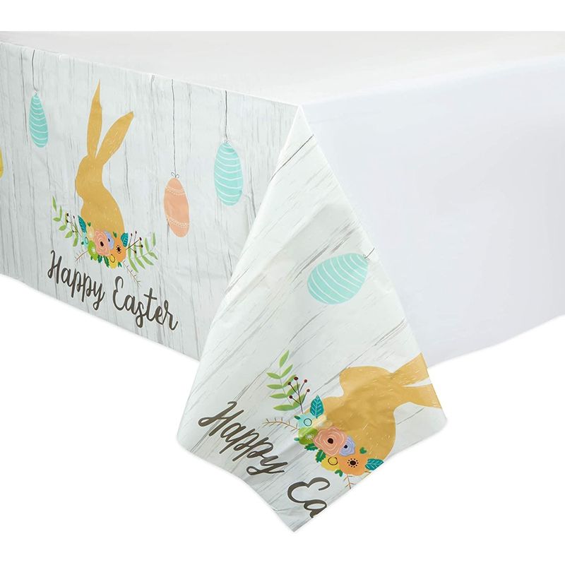 Blue Panda 3 Pack Farmhouse Easter Bunny Disposable Plastic Tablecloths Table Covers for Party Supplies, 54"x108", 4 of 7