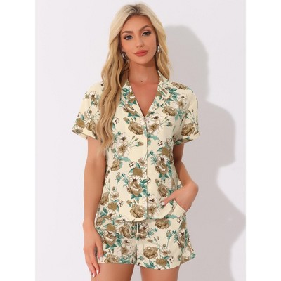 Beige Floral Polyester Hawaiian Button Down Shirt and Shorts Set