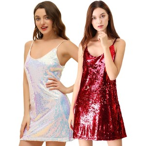 Allegra K Women's Glitter Sequin Spaghetti Strap V Neck Cocktail Sparkly Mini Dress 2 Packs - 1 of 4