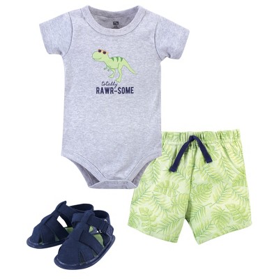 Hudson Baby Infant Boy Cotton Bodysuit, Shorts and Shoe 3pc Set, Rawr-Some Dino, 12-18 Months