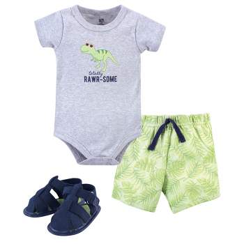 Hudson Baby Infant Boy Cotton Bodysuit, Shorts and Shoe 3pc Set, Rawr-Some Dino