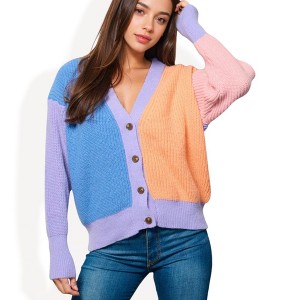 Anna-Kaci Women's Pastel Color Block Knit Cardigan with Button Closure and Long Sleeves - 1 of 4