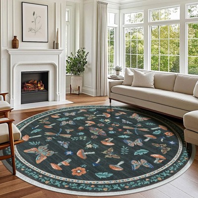 Round Machine Washable Rug with Rubber Backing for Living Room Stain ...