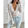 Lace Tops for Women Waist Cropped Long Sleeve Lace Blouse Deep V Neck White Lace Shirts with Front Tie Mesh Blouse - 3 of 4