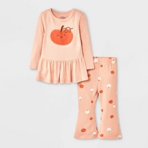 Baby Girls' 2pc Halloween Pumpkin Peplum Flared Leggings Set - Cat & Jack™ Peach Orange - 1 of 4