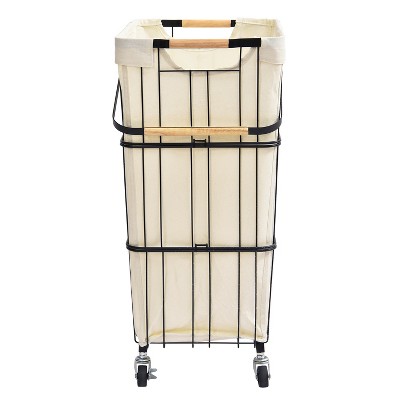 Compact White Metal Rolling Laundry Basket with Handle