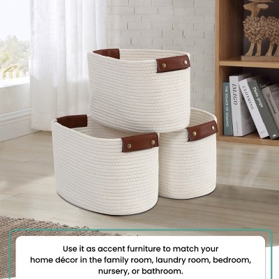 Black Cotton Rope Storage Baskets with Faux Leather Handles