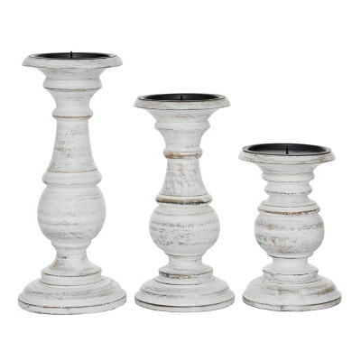 Set of 3 White Distressed Wood Pillar Candle Holders