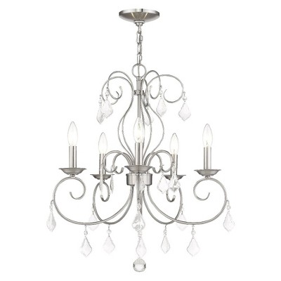 Mini Elegance 5-Light Brushed Nickel Chandelier with Clear Crystal Drops