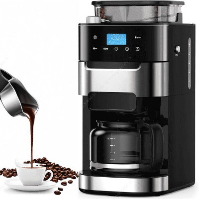 Kismile 10-Cup Stainless Steel Drip Coffee Maker with Built-In Adjustable Grind and Brew in Black