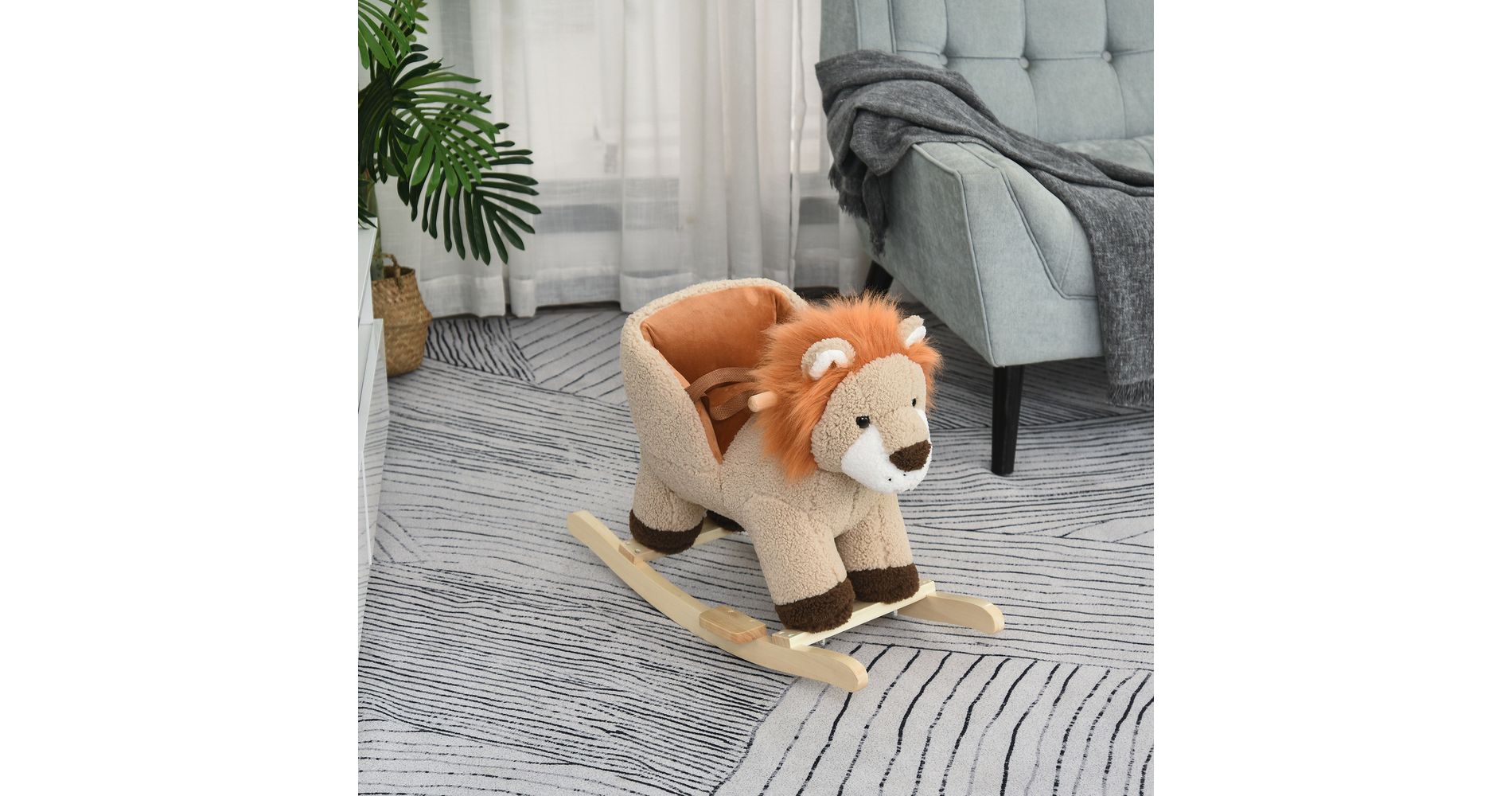 Whisen Baby Wooden Rocking Horse Lion with Sound, Plush Stuffed Rocking Animals, with Seat Belt for 18-36 Months - Brown
