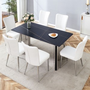 CAVINAS Dining Table Set Black Marble-Patterned Slabs Tabletop with Stainless Steel Butterfly Legs with 4 PU Chairs for Kitchen - 1 of 4