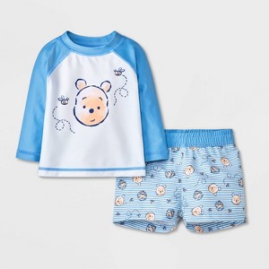 Baby Boys' 2pc Disney Winnie the Pooh Long Sleeve Rash Guard Trunk Set - Cream/Blue - 1 of 4