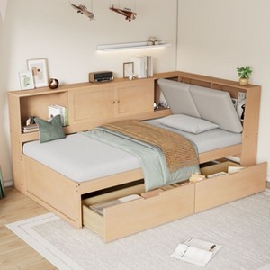 Twin/Full Size L-shaped Daybed Corner Bed with Drawers, Storage Bookcase, Upholstered Headboard, Power Outlets and USB Port-ModernLuxe - 1 of 4