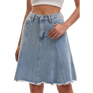 INSPIRE CHIC Women's Denim High Waist Flared Raw Hem with Pockets Casual A Line Jean Skirts - 1 of 4