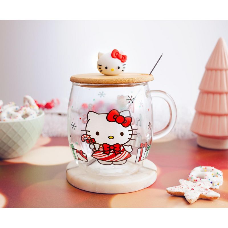 Silver Buffalo Sanrio Hello Kitty Holiday 17-Ounce Glass Coffee Mug With Lid and Spoon, 4 of 10