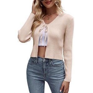 Womens Tie Front Sweater Cardigan Long Sleeve Rib Knit Shrug for Dress Sweaters Crop Tops Womens Soft Cardigan - 1 of 4
