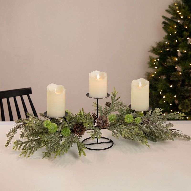 Northlight 26" Triple Candle Holder with Frosted Foliage and Pine Cones Christmas Decor, 3 of 6
