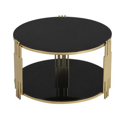 Vynxaria Series 31.5 in. Black Round Tempered Glass End Table with Asymmetrical Metal Design and Lower Shelf